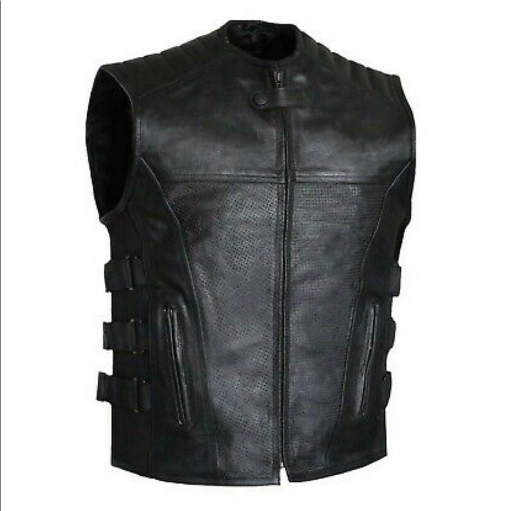 Swat Style Leather Vest Men Perforated Motorcycle Tactical Black Concealed Carry